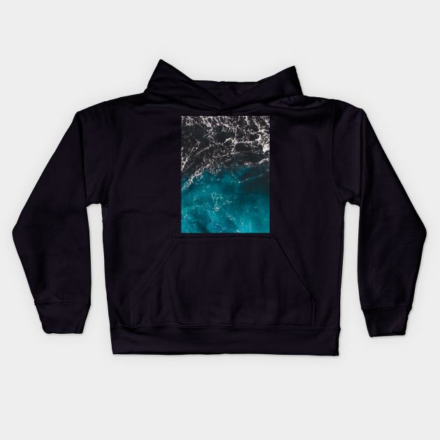 Wavy foamy blue black ombre sea water Aerial photo ocean splash wave abstract aqua summer Kids Hoodie by PLdesign